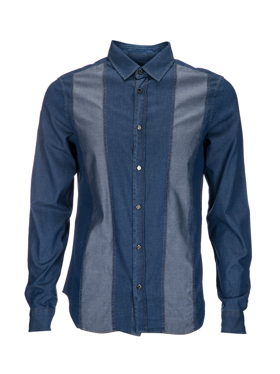 versace jeans 牛仔蓝拼接长袖全棉衬衫