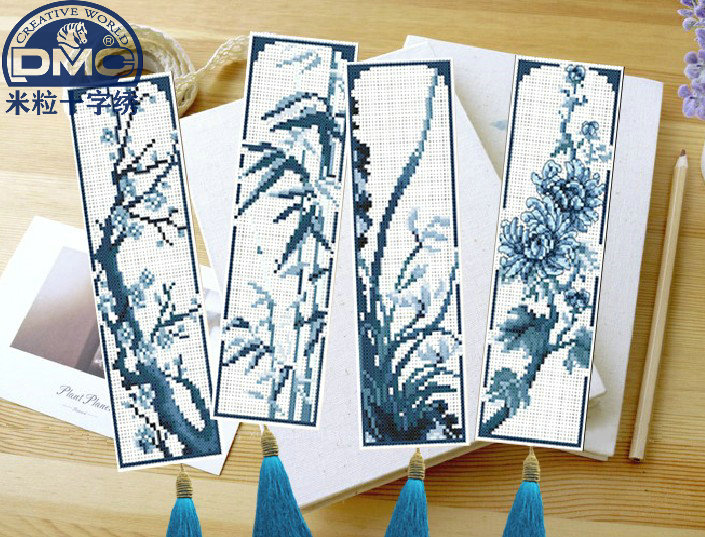 米粒十字绣DMC线套件手工书签青花瓷四君子梅兰竹菊塑料布