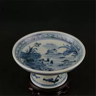 Jingdezhen imitation Qing porcelain blue and white (lotus pond autumn color) high foot melon fruit plate retro ornaments collection antiques