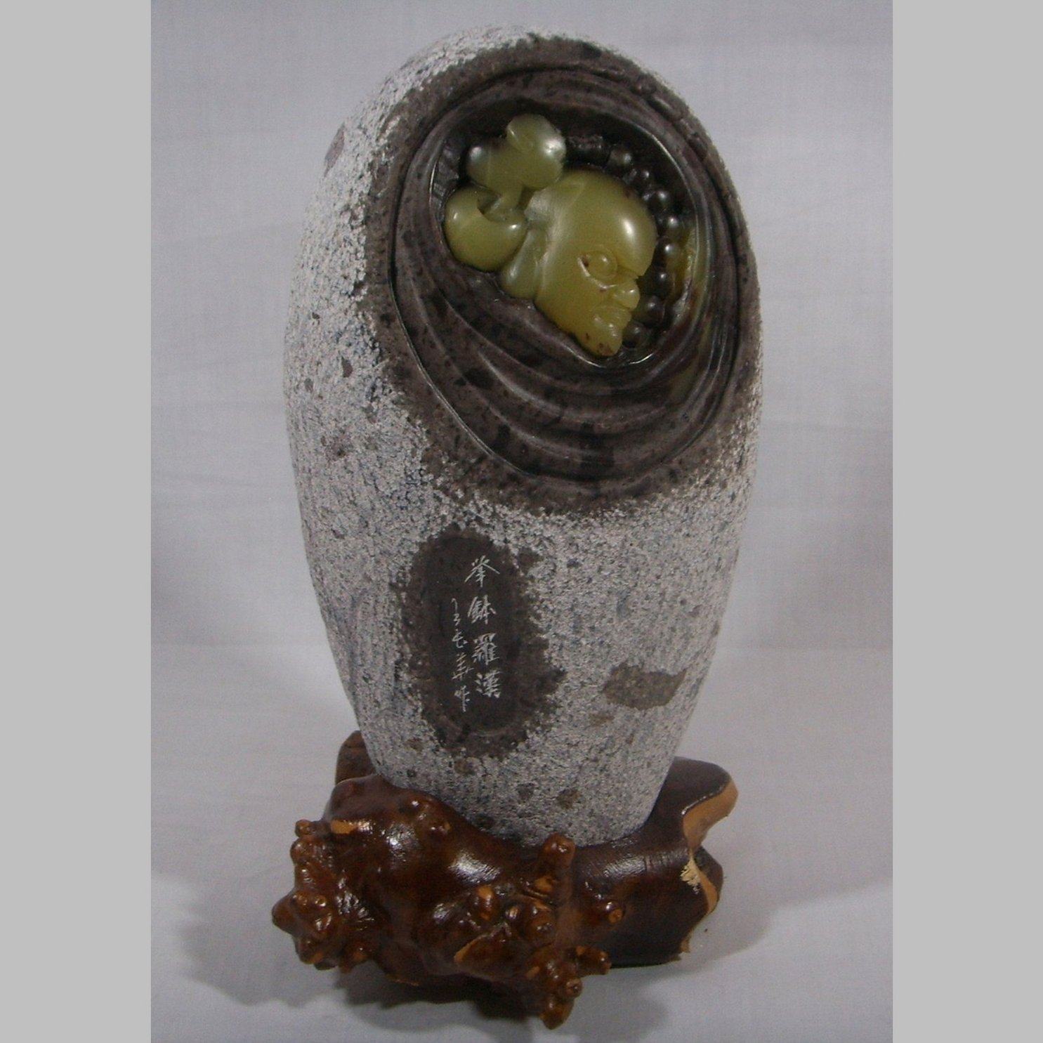 Natural Qingtian Zhou Village Longegg Stone engraving lifting bowl 18 18 Rohan pendulum piece pure handicraft figure overdraft hot pin