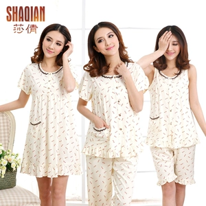 Shaqian chính hãng ngắn tay nightdress nữ cotton mùa xuân và mùa hè ngắn tay cắt quần cardigan cotton đồ ngủ nightdress dịch vụ nhà