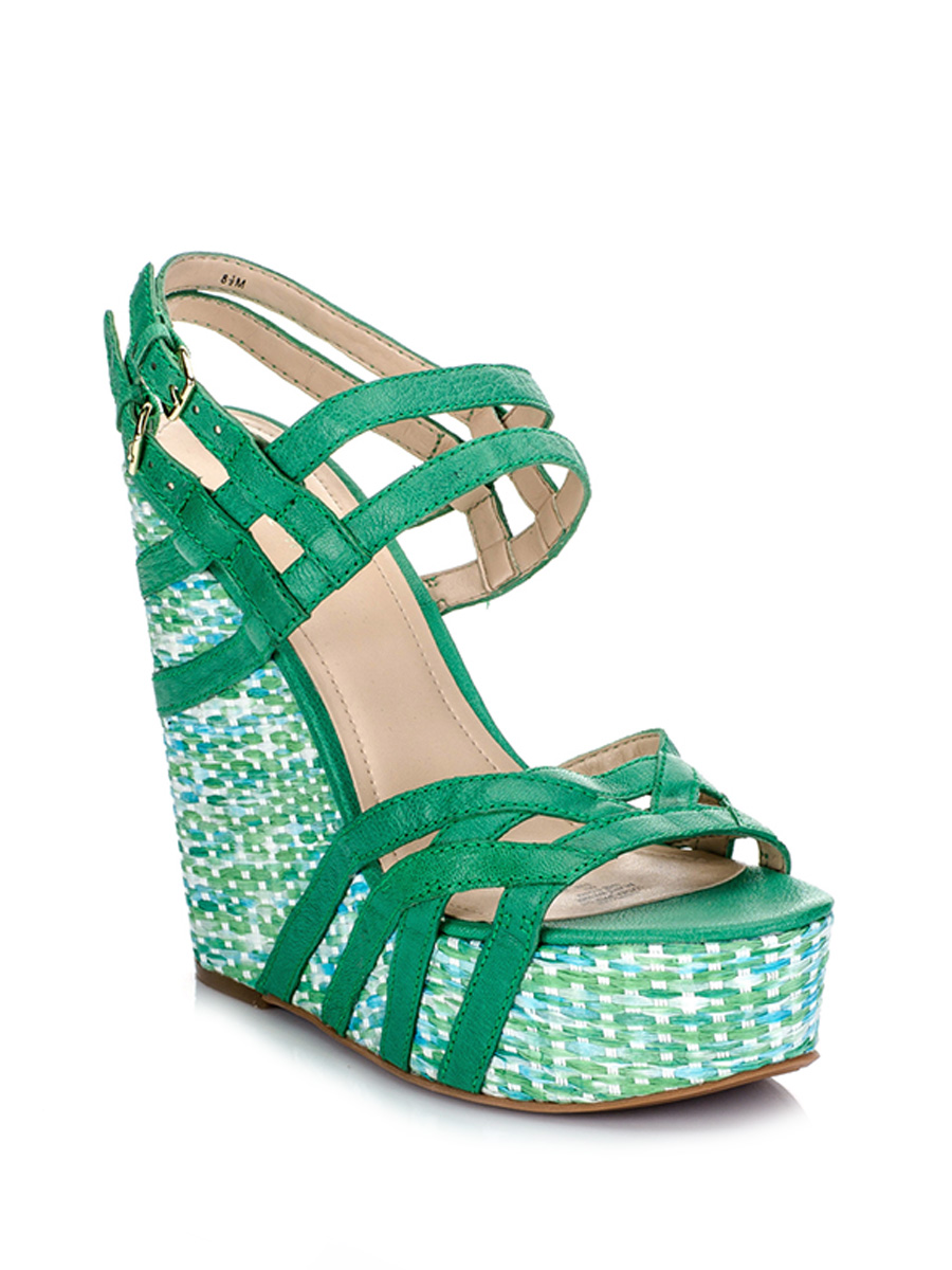Nine West/玖熙 绿色编织坡跟凉鞋