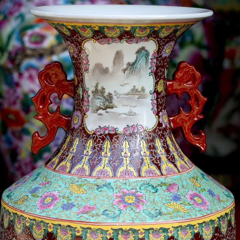 Hand - made pastel landscapes ears landing big vase jingdezhen ceramic furnishing articles of Chinese style household living room decoration