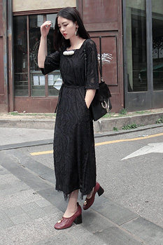 (LAMBO exclusive) Japan imported dark pattern three-dimensional appliqué pull hair casual dress