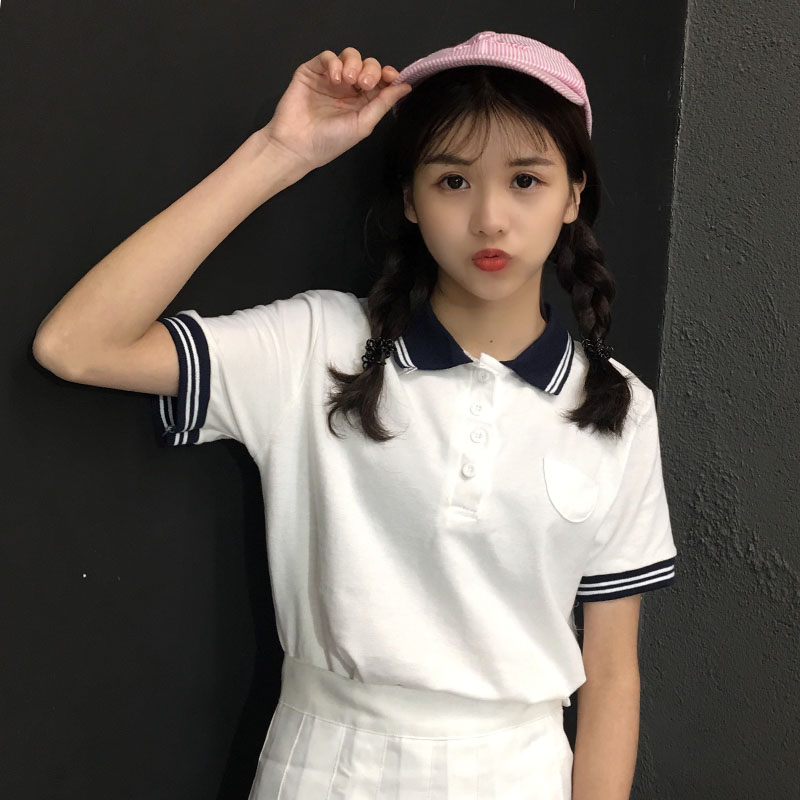 韩版学院风翻领短袖T恤夏季新款女装宽松百搭套头polo衫休闲上衣