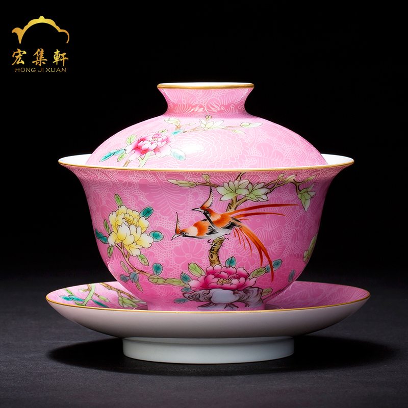 Jingdezhen ceramics tureen teacups hand - made pastel large three cup see colour tea bowl bowl manual pick flowers