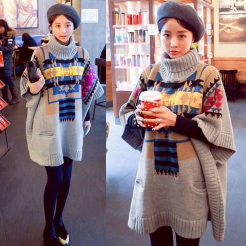 Autumn fashion Korean version of pregnant women's turtleneck sweater fat MM female large version of winter coat all-match knitted sweater cape top