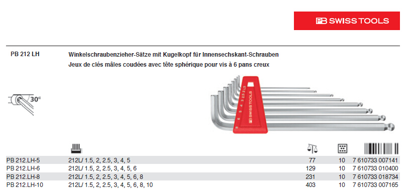 Swiss PB 212LH-5 6 8 10 extended ball head inner hexagonal wrench metric hexagonal key