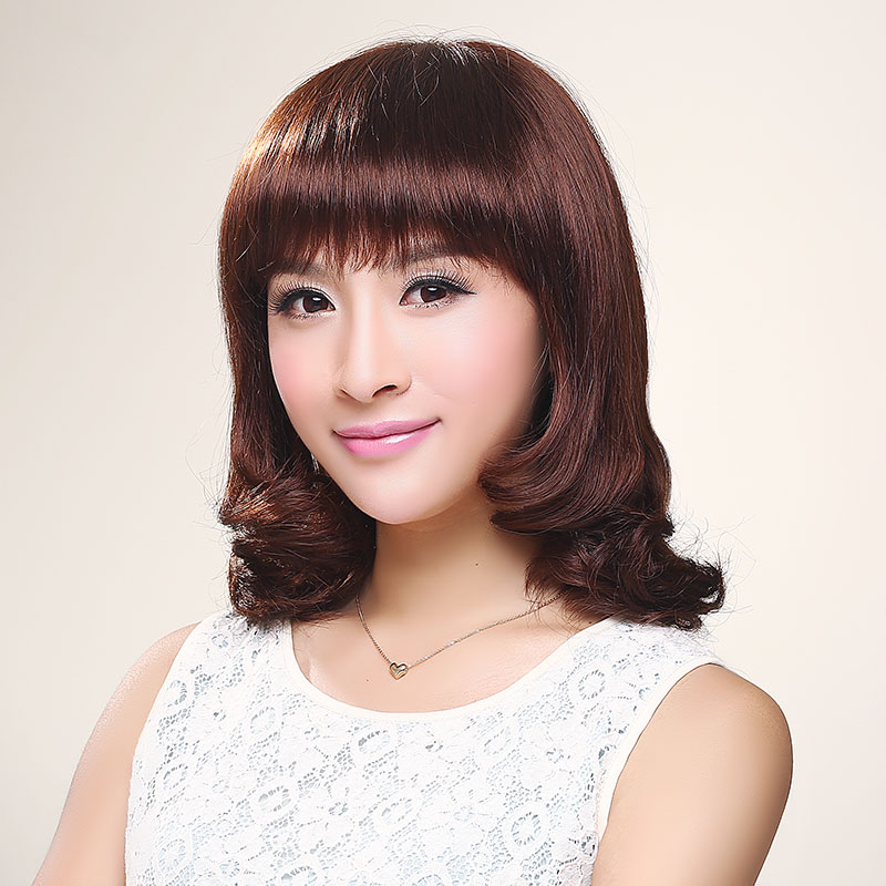 秀儿 实拍假发 梨花头假发 时尚蓬松修脸女生斜刘海 女士中长卷发
