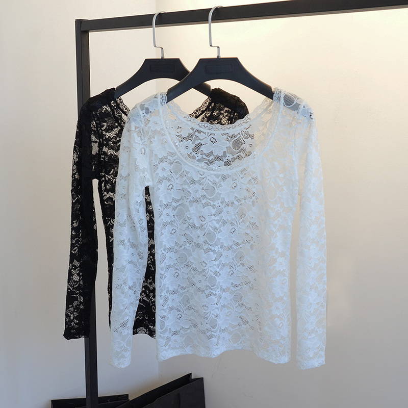 2023 Women's Autumn Sexy Hollow Lace Round Neck Long Sleeve See-Through T-Shirt Black and White Slimming Floral Top Versatile Base Shirt