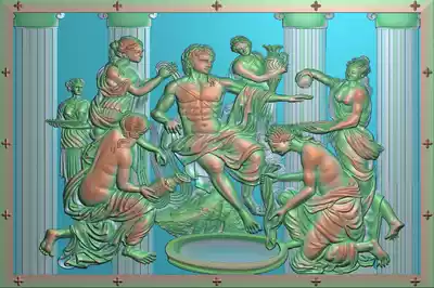 Fine carved figure relief picture European character Caesar bathing figure bathing female foreign flower