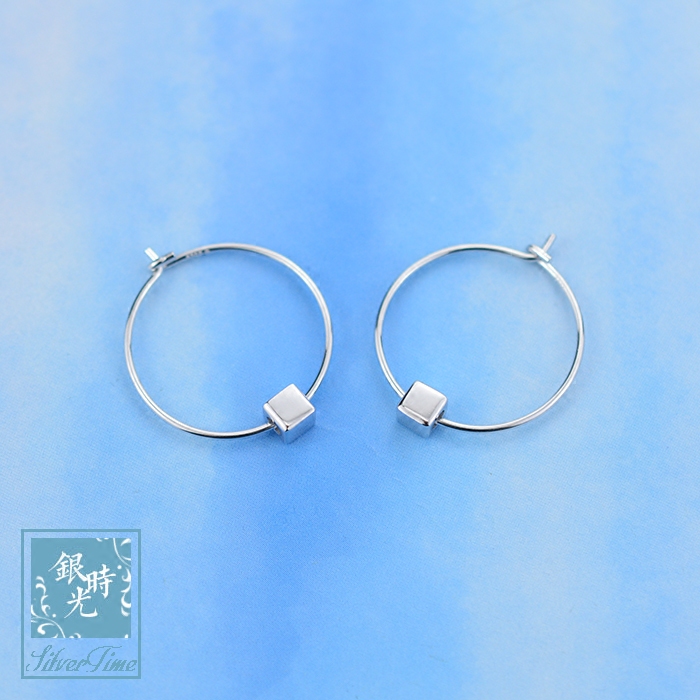 Silver time S925 pure silver ear ring small square large earring fashion personality Cube ear-pin round earring