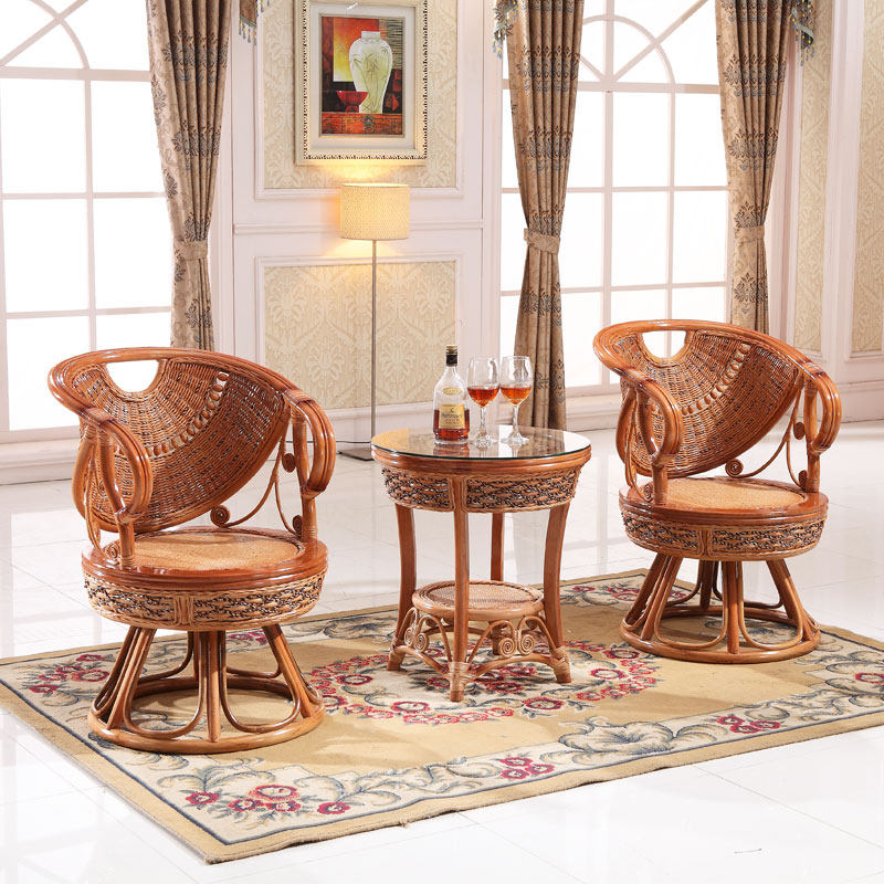 Natural rattan chair coffee table three-piece rattan office chair rattan balcony combination swivel chair leisure rattan chair rattan princess swivel chair