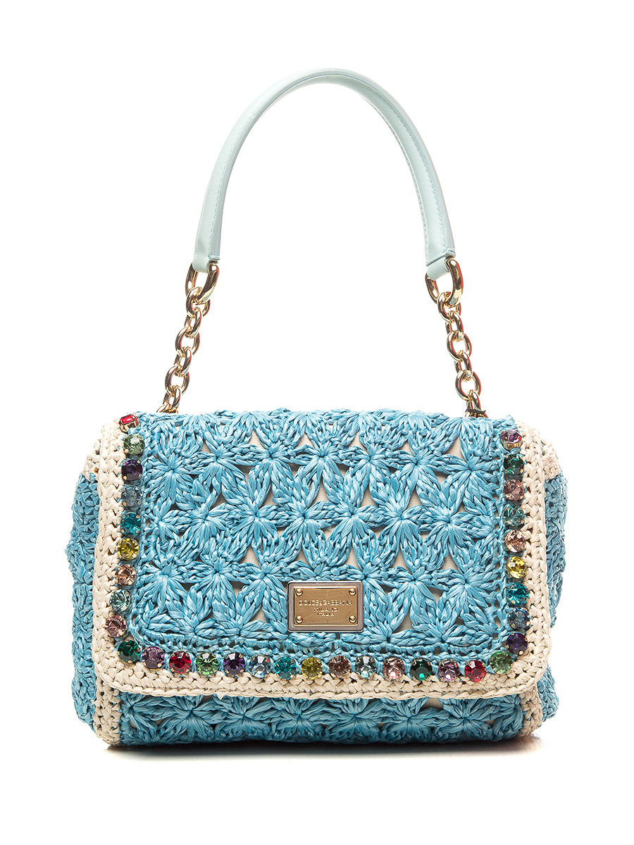 Dolce&Gabbana 蓝色编织花白边饰彩色晶钻翻盖手提包