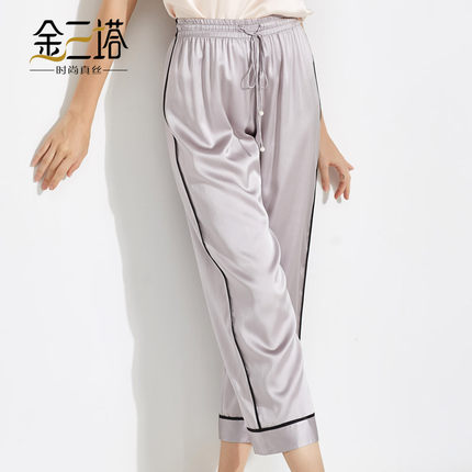 金三塔女真丝素色家居裤女秋七分长裤100%桑