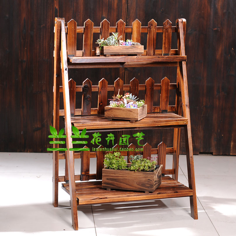 Anti-corrosion wood three-layer folding flower rack shelf shoe rack Solid wood bookshelf Living room carbonized multi-layer fleshy balcony Golden Ge