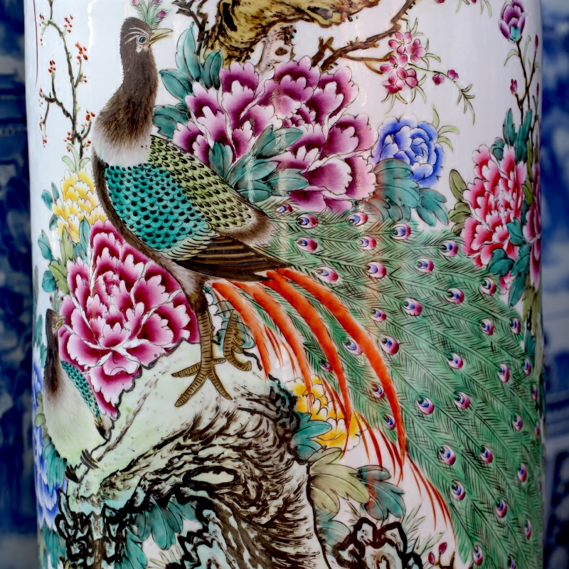 Hand - made peacock peony figure quiver jingdezhen ceramic famille rose porcelain vase of large stores decoration shop furnishing articles