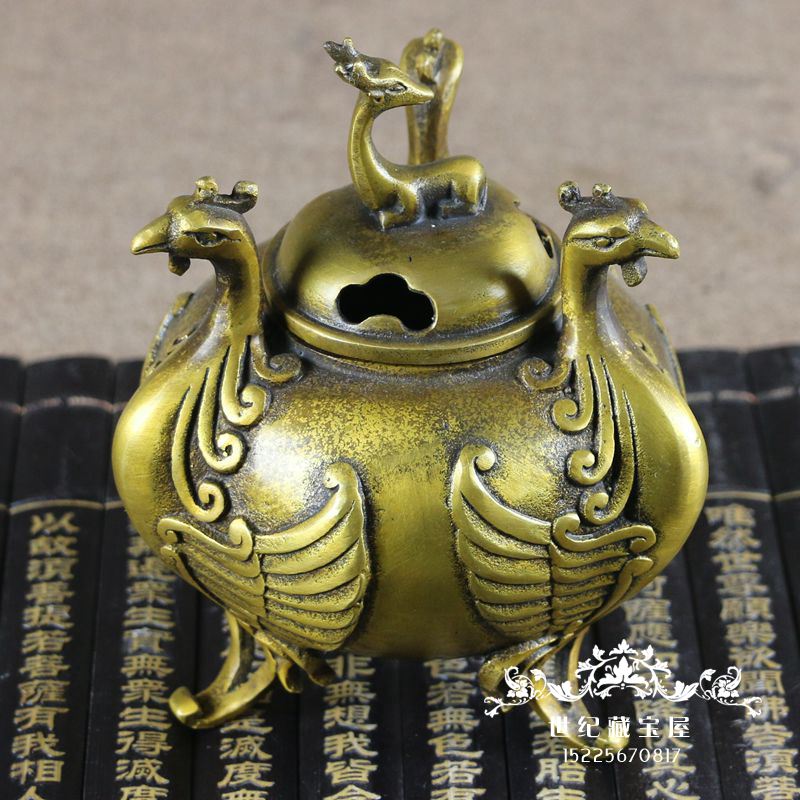 New antique copper instrument bogu frame set up Kowloon fragrance furnace home decorated crane deer and spring piece small number
