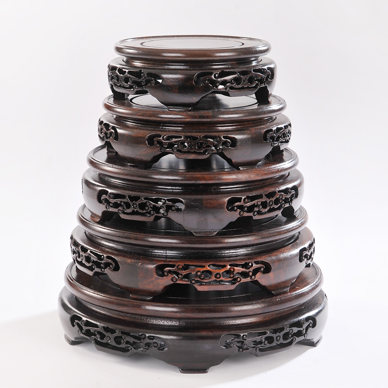 Wooden circular classical vase holder base solid wood flowerpot vase base carve patterns or designs on woodwork black twigs rounded root carving