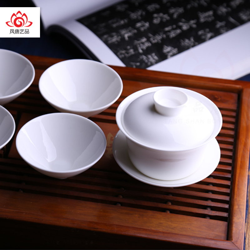 Tangshan ceramic tea set Bone China set Kung Fu tea set Three-cai cover bowl Teacup Tea ceremony hot tea set