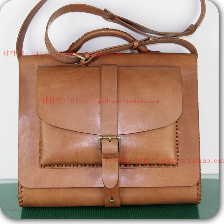Classic handmade bag top layer hard leather shaped bag leather rope stitching business casual men's thick leather bag
