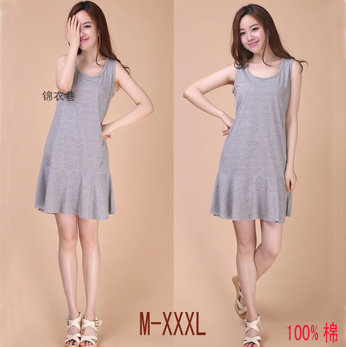 Large size women's new cotton sleeveless vest dress mid-length Korean version lotus leaf swing gray suspender bottoming skirt
