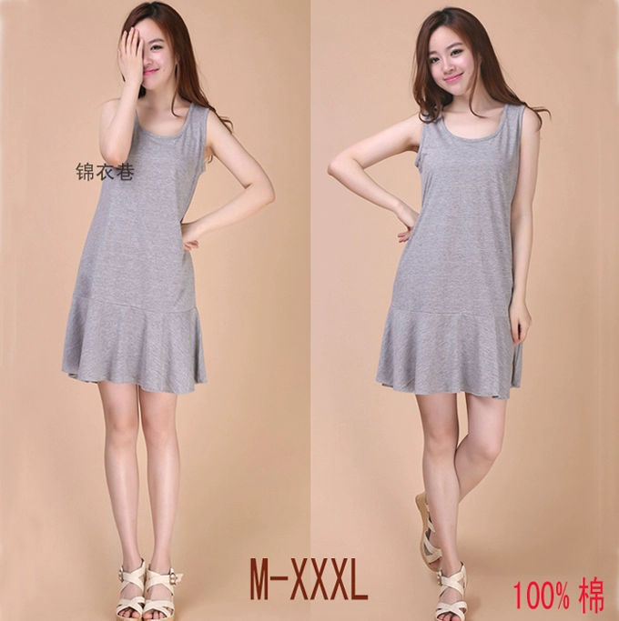 Plus size dành cho phụ nữ kiểu mới váy vest không tay cotton dài trung phiên bản Hàn Quốc của váy cơ sở dây treo màu xám lá sen - váy đầm