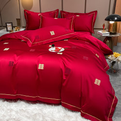 Four pieces of wedding, wedding wedding room happy bed sheet embroidery quilt quilt, single wedding European -style big red bed supplies