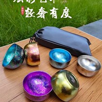 Pure titanium double-layer titanium cup outdoor tea cup ice flower small tea cup tea set anti-scalding set hot portable T-style Kung Fu tea tea separator