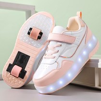 Double-wheeled childrens heelys shoes with hidden button charging and deformation skates for girls flying V-shoes adult shoes double-wheeled shoes