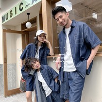 Fried Street Kiss a family of three full family clothing Loose Ocean Gas Men Girl Cowboy Suit Shorts Mother-son Costume summer style