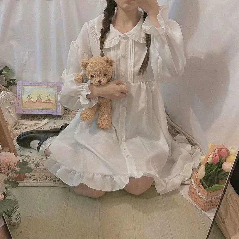 [Женское летнее весеннее платье белое/черное с длинным рукавом в стиле Lolita]