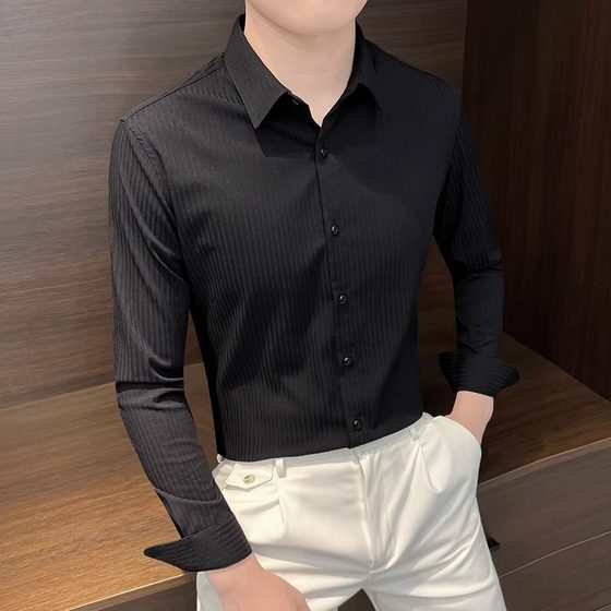 Striped shirt men's long-sleeved high-end summer thin ice silk handsome business casual high-end Korean slim shirt