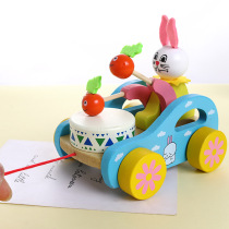 Childrens trolley baby dragging toddler animal bunny playing drums wooden trolley toy 1-3 years old