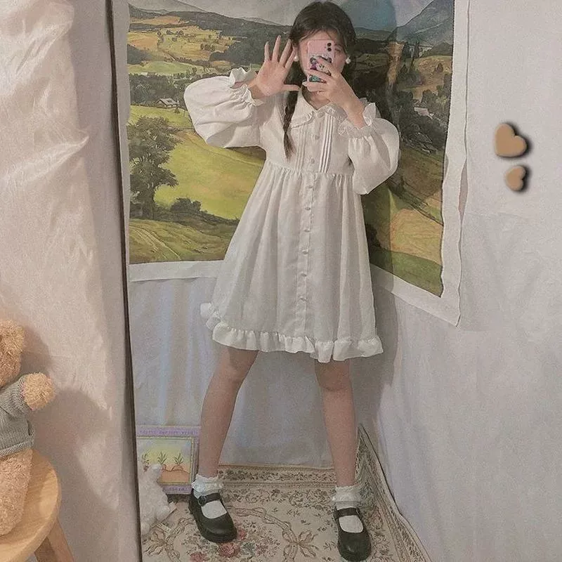 [Женское летнее весеннее платье белое/черное с длинным рукавом в стиле Lolita]