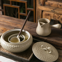 Gift pottery jar hammer tea jar pattern large capacity tea divider tea sea semi-handmade antique side handle tea making porcelain baked tea jar