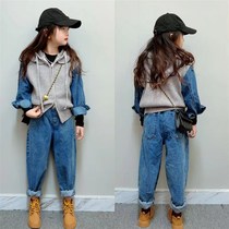 Girls 2023 Spring Style Street Style Denim Spliced ​​Hooded Suit