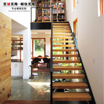 Self-built house light luxury double-run double-beam steel-wood staircase custom-made duplex glass guardrail pavilion Q building loft villa home