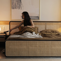 Black floor-standing rattan bed Nordic solid wood bed retro x rattan art double bed master bedroom 1 8m bed and breakfast small apartment bed