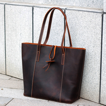 European and American retro old first layer cowhide leather shoulder Womens bag Crazy Horse leather trend personality girl bag shopping big bag