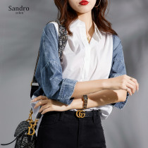 sandro selen trendy fashion denim stitching early autumn shirt personality temperament slim lady top