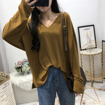 Fat sister loose slim slack lazy wind V neck knit T-shirt 2021 autumn dress new size womens base shirt coat