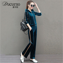 Ducurno Gold Velvet Sports Suit Women 2021 Spring Autumn New Fashion Acrosse Sweatpants Casual Two-piece Set