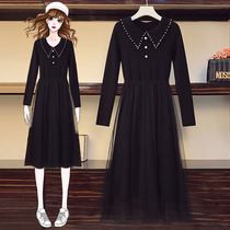 Large size womens 2021 autumn new dress fat sister slim waist long sleeve mesh knitted fairy dress