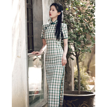 Improved cheongsam 2021 new summer female young girl plaid dress retro waist length green