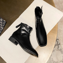 Square Head Martin Boots Woman Heel 2021 Fall New 100 Hitch Slim Single Boots Soft Leather Skinny Boots Fried Street Short Boots
