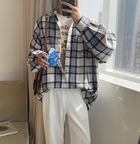 A tea and Agu spring new plaid shirt men Korean version long sleeve trend profile loose grinding casual shirt