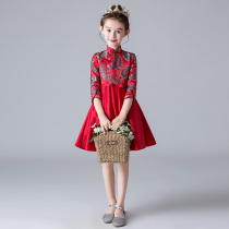 Chinese wine red flower children cheongsam dress girl long sleeve 2019 New temperament princess dress children catwalk Autumn Winter