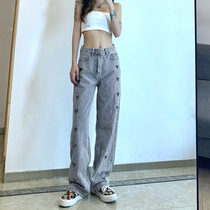 WEEKEEP Loving Printed Loose Straight Drum Jeans Woman High Waist Display Slim 100 Hitch Casual Broadlegged Pants Woman