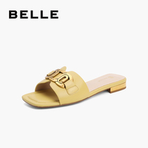 Thyme Elegant Square Head Slippers Women 2022 Summer New mall Identical Goat Leather Metal Accessories Buckle Cool 3IIF4BT2